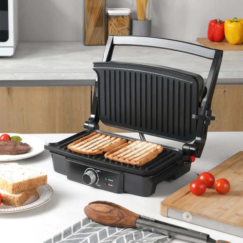 HOMCOM 4 Slice Panini Press Grill, Stainless Steel Sandwich Maker with Non-Stick Double Plates, Locking Lids and Drip Tray, Opens 180 Degrees to Fit Any Type or Size of Food 13"x10.25"x4.75"