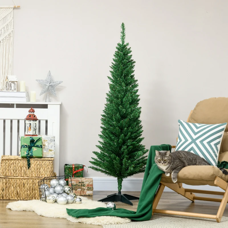 HOMCOM 5FT Decorated Christmas Tree, Pencil Christmas Tree with 294 Realistic Branch Tips and Plastic Stand, Light Green