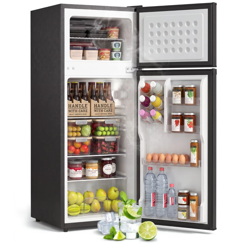 HOMCOM 7.7 Cu. Ft. Mini Fridge with Freezer, Compact Refrigerator with Adjustable Thermostat, Reversible Door, Black