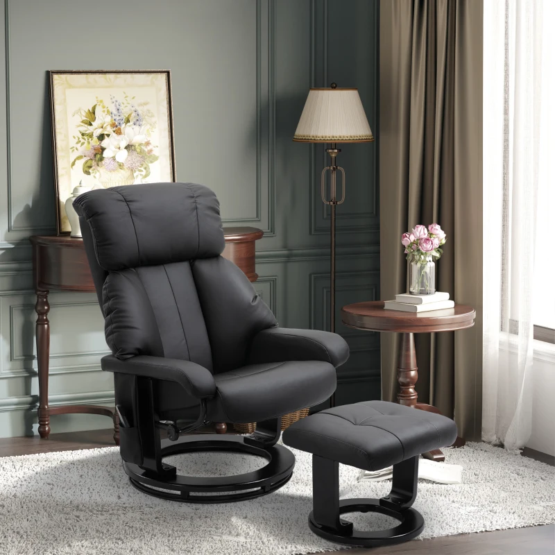 HOMCOM Massage Recliner Chair with Ottoman, 360° Swivel Recliner and Footstool, PU Leather Reclining Chair with Side Pocket and Remote Control, Black