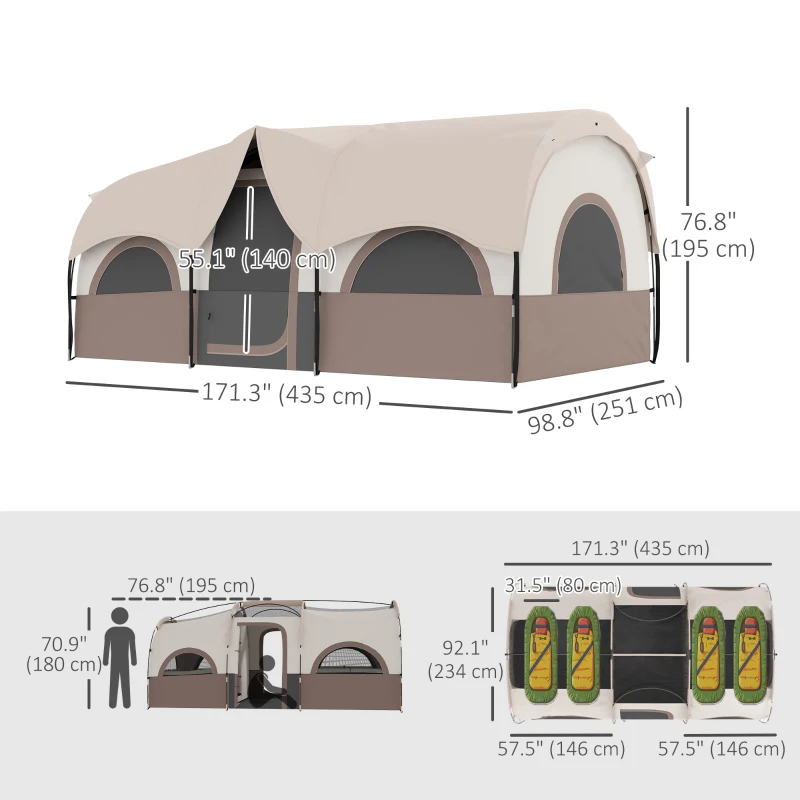 Outsunny 4 Person Camping Tent, 3 Room Cabin Tent, 3000mm Waterproof and UPF30+ with Sewn in Groundsheet and Carry Bag, Khaki