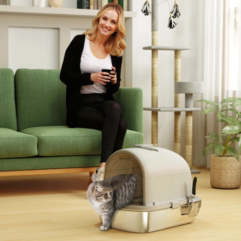 PawHut Enclosed Stainless Steel Litter Box, Metal Cat Litter Box with Scoop, Deodorizer Bag, Handle, Easy to Clean
