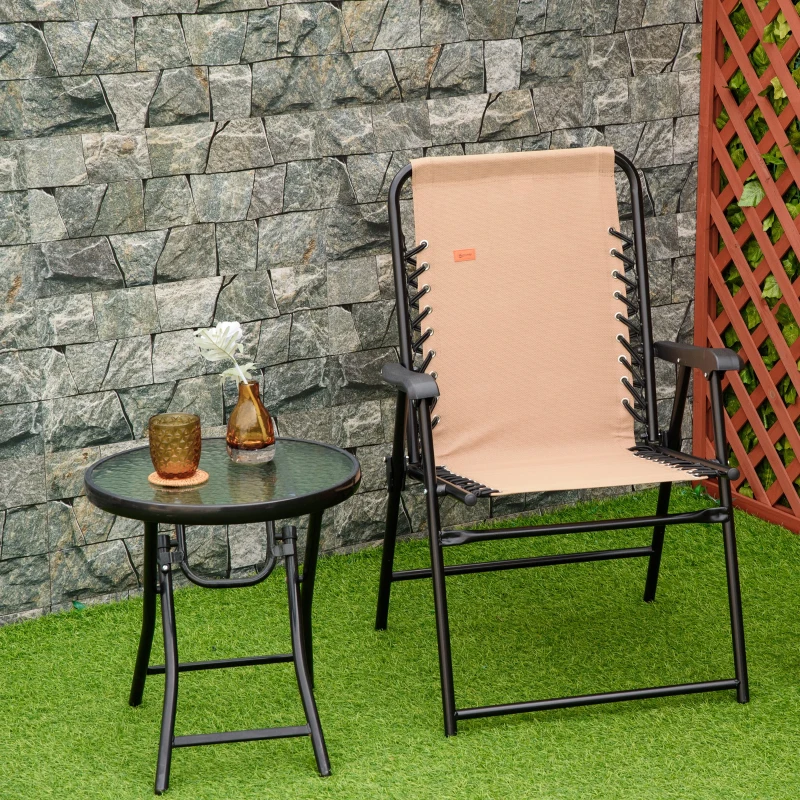 Outsunny Patio Folding Chair, Outdoor Bungee Sling Chair w/ Armrests, Portable Lawn Chair for Camping, Garden, Beige