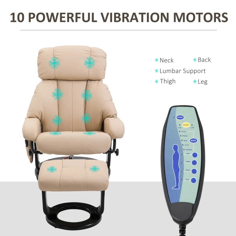 HOMCOM Massage Recliner Chair with Ottoman, 360° Swivel Recliner and Footstool, PU Leather Reclining Chair with Side Pocket and Remote Control, Beige