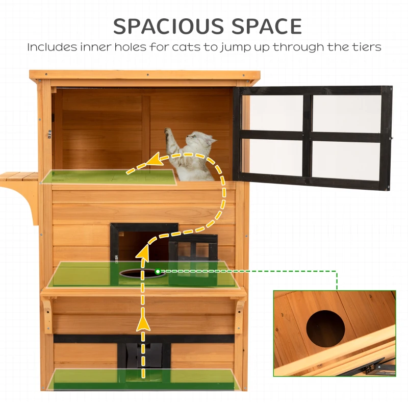PawHut Cat House, Outdoor 3-Tier Kitty Shelter, Weather Resistant, w/ Escape Door