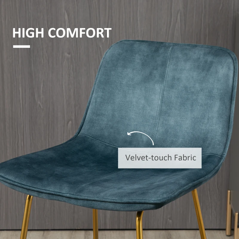 HOMCOM Bar Height Bar Stools, Velvet-Touch Fabric Bar Chairs, 30.25" Seat Height Stools with Gold-Tone Metal Legs for Dining Area, Home Bar, Set of 4, Blue