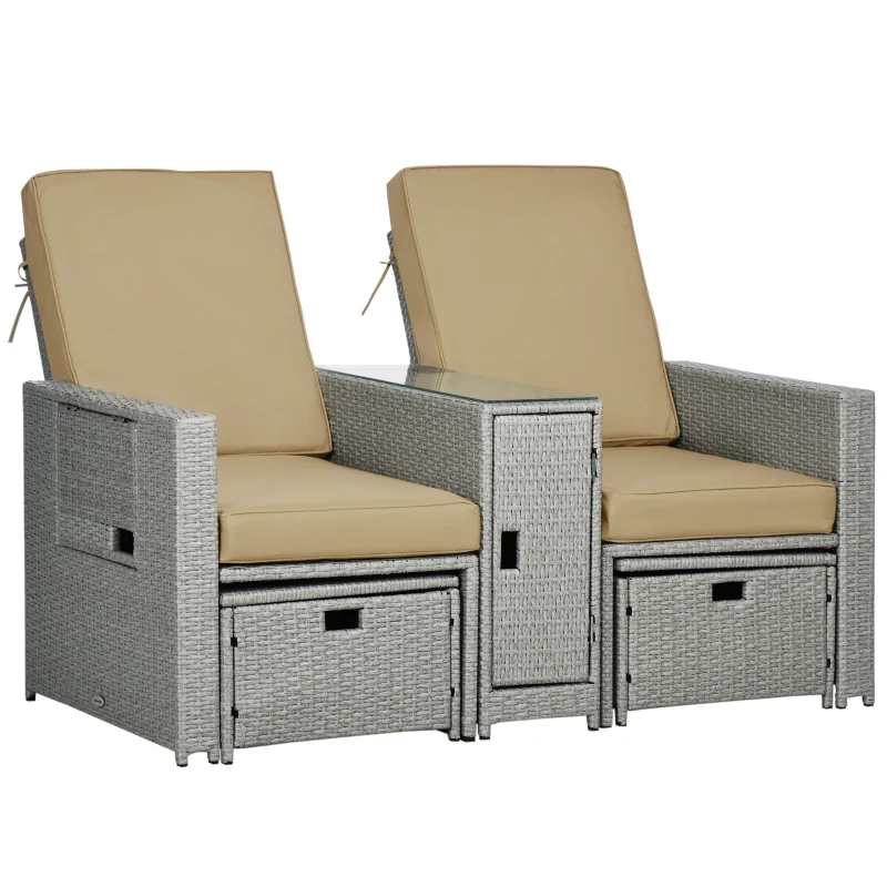 Outsunny 5PC Wicker Patio Lounger, Outdoor PE Rattan 5-level Adjustable Recliner Sofa Bed with Storage Side Table and Footstools, for Patio, Garden, Poolside, Khaki