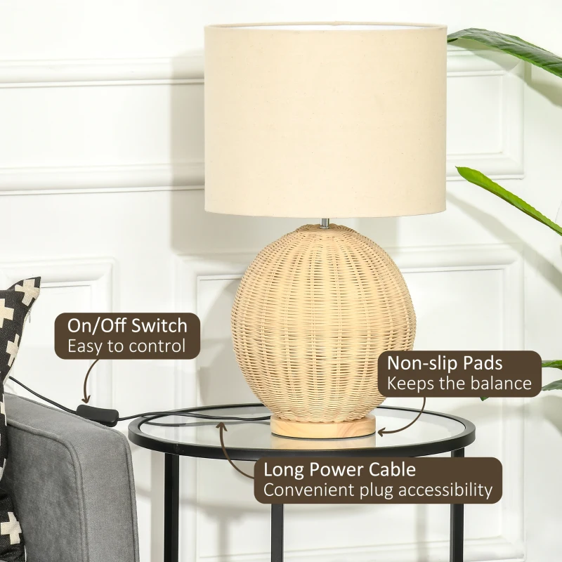 HOMCOM Nautical Style Table Lamp, Bedside Reading Light with White Fabric Lampshade and Rattan Base for E26 LED or Halogen Bulb for Living Room, Natural