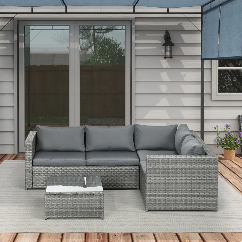 Outsunny 3 Pieces Rattan Wicker Outdoor Conversation Furniture Set w/ Loveseats Coffee Table Cushions for Garden, Patio, Grey