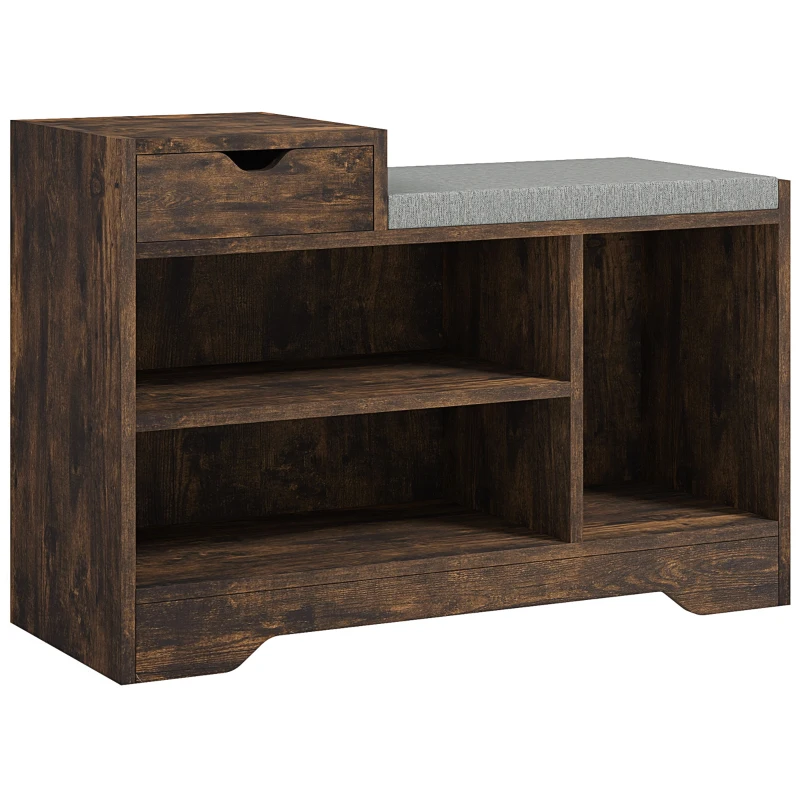 HOMCOM Upholstered Shoe Storage Bench, Hallway Shoe Storage with Seat, Drawer, 3 Open Shelves for Entryway, Rustic Brown