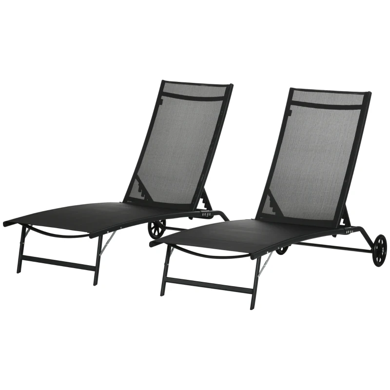 Outsunny Chaise Lounge Outdoor, 2 Piece Lounge Chair with Wheels, Tanning Chair with 5 Adjustable Positions, Black