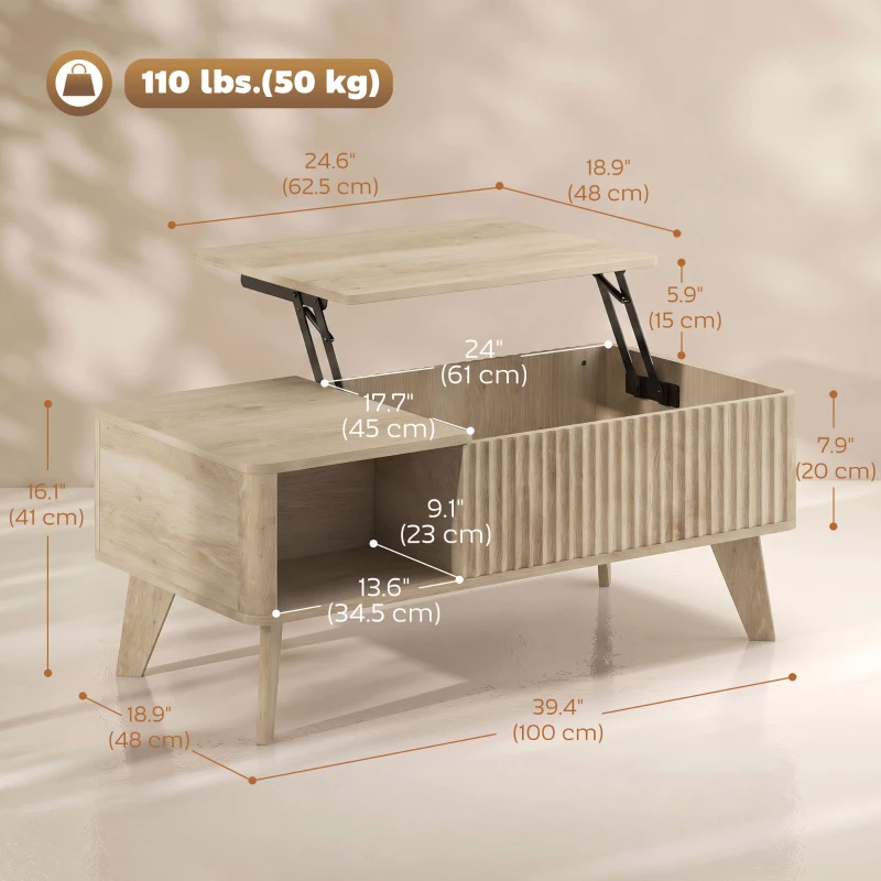 HOMCOM 40" Fluted Lift Top Coffee Table with Storage, Mid-Century Coffee Table with Hidden Compartment, Open Shelf, Oak