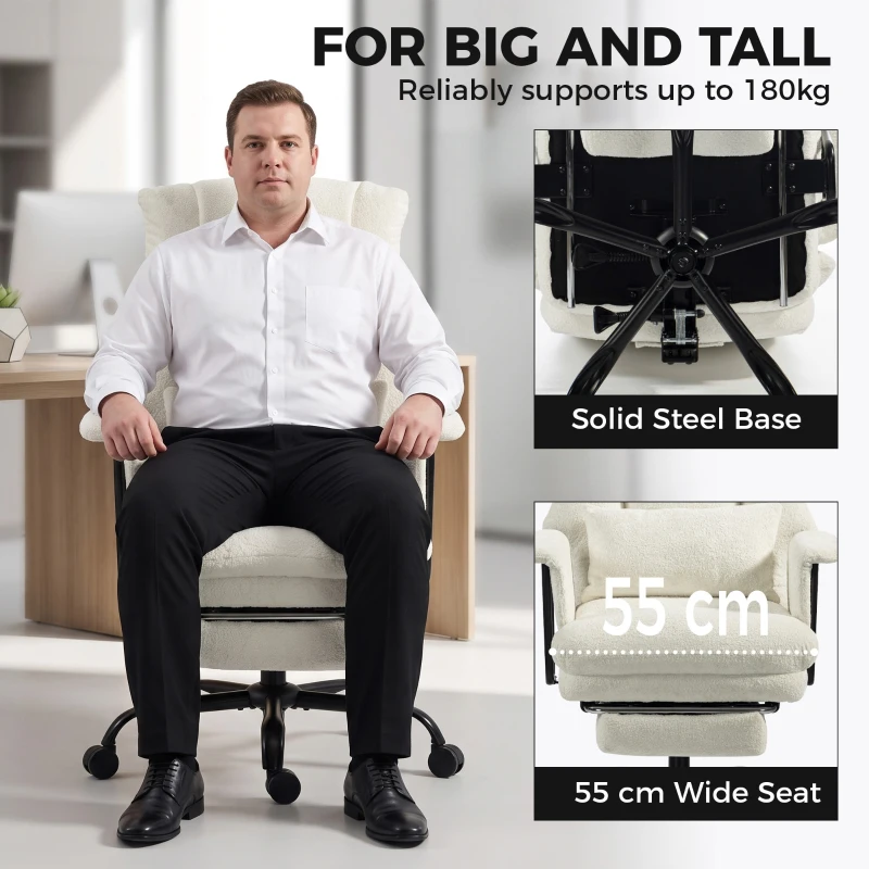 HOMCOM Office Chair, 400 lbs Heavy Duty Linen Computer Desk Chair with Lumbar Support, Wide Seat, Spring Cushion, Cream White