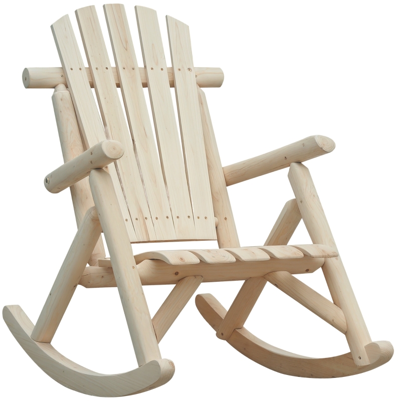 Outsunny Outdoor Wooden Rocking Chair, Single-Person Adirondack Rocking Patio Chair with Rustic High Back, Slatted Seat and Backrest for Indoor, Backyard, Garden, Natural