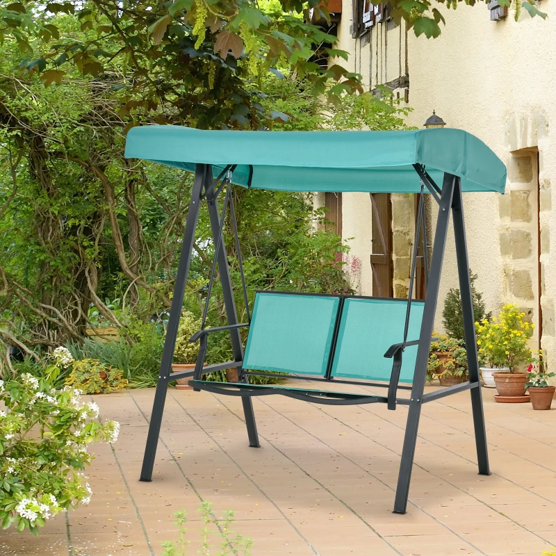 Outsunny 2-Person Patio Swings with Canopy, Outdoor Canopy Swing with Adjustable Shade, Breathable Mesh Seats and  Steel Frame for Garden, Poolside, Backyard, Blue