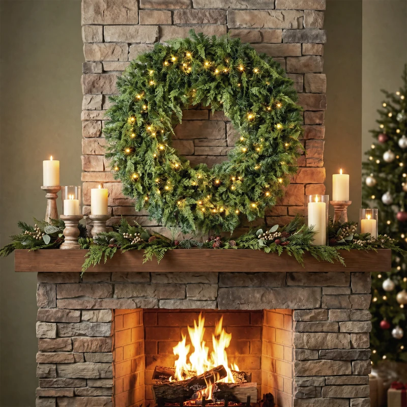 HOMCOM 36" Prelit Crestwood Spruce Artificial Christmas Wreath, Christmas Decor with Bow, LEDs, 8 Modes, Realistic Tips