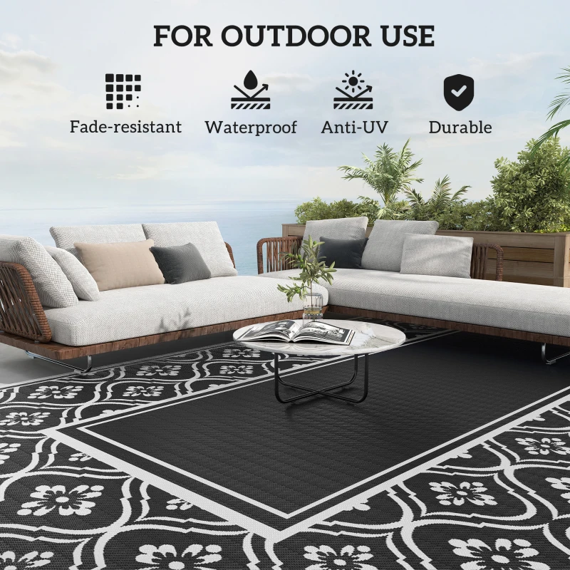 Outsunny Reversible Outdoor Rug, Waterproof Plastic Straw with Carry Bag, 9' x 18', Black & White Gourd Border
