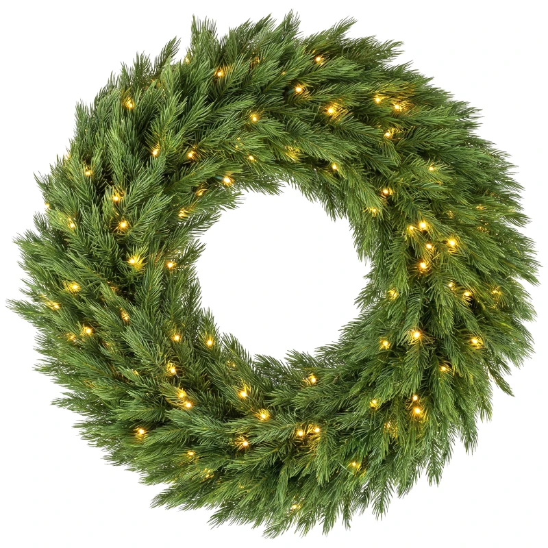 HOMCOM Christmas Decoration, 36 in Pre-Lit Norwegian Spruce Artificial Christmas Wreath with 100 LED Lights, Green