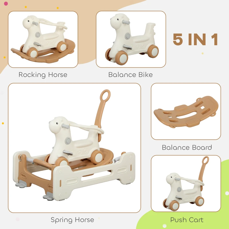 Qaba 5 in 1 Kids Rocking Horse with Detachable Base, Safety Guardrails, Footrests, Push Handle for Ages 1-3, Brown