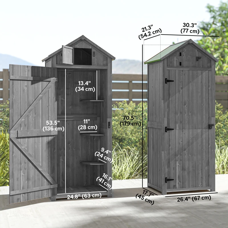 Outsunny 30" x 21" x 71" Garden Storage Shed, Sheds & Outdoor Storage Outdoor Workshop Yard Tool Utility Storage House Water-resistant All-weather Cover Spire Roof with 3 Tiers Shelves Grey