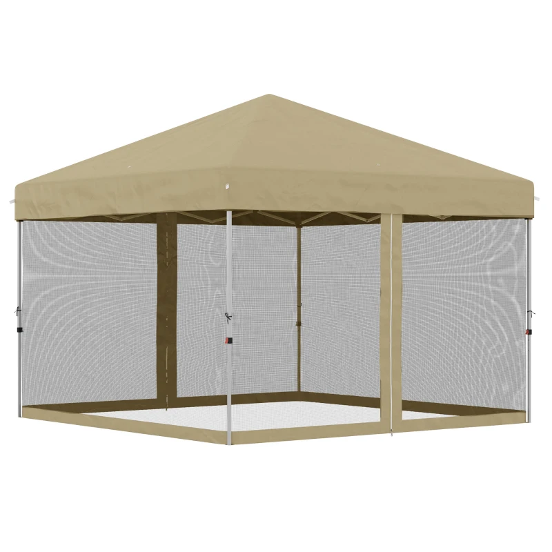 Outsunny 10' x 10' Pop-Up Party Tent Outdoor Canopy Tent with Mesh Sidewalls, 3-Level Adjustable Height, Roller Bag, Khaki