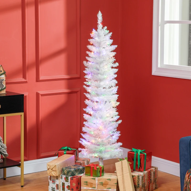 HOMCOM 5' Prelit Christmas Tree, Pencil Artificial Christmas Tree with Colorful Surface Branches, Colorful LED Lights, White