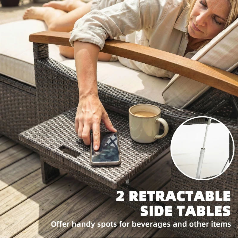 Outsunny Rattan Outdoor Daybed w/4-Level Adjustable Backrest, Patio Sofa Bed w/Storage Ottoman, Acacia Wood Armrest, Beige