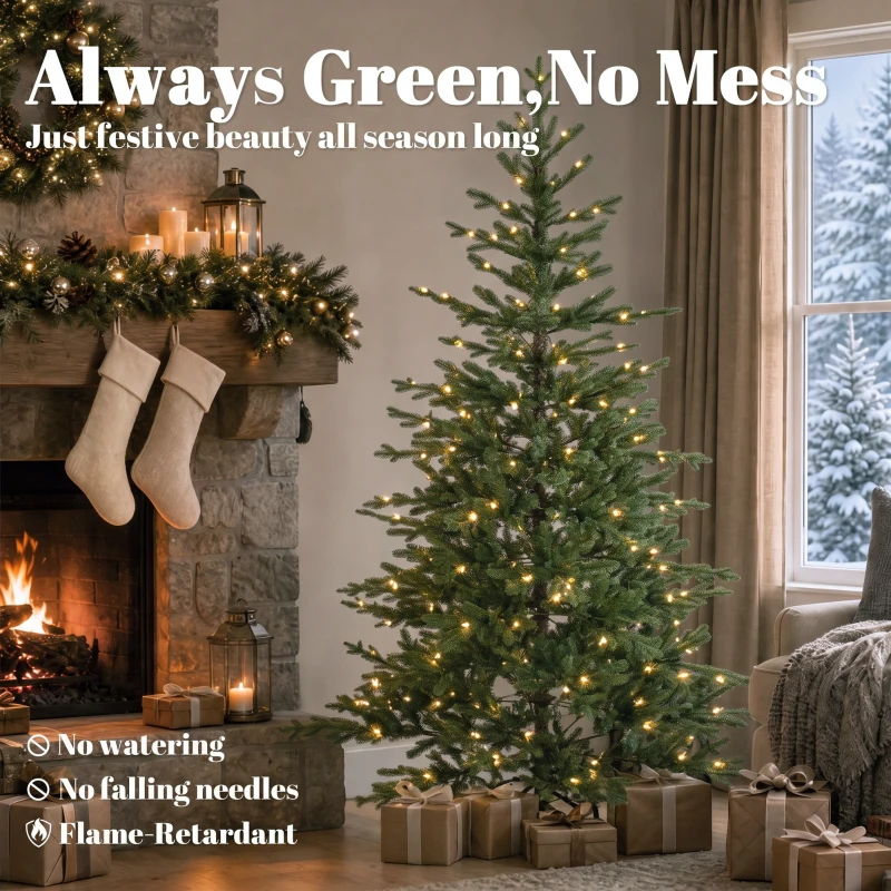 HOMCOM 7ft Prelit Sparse Christmas Tree with Downswept Hinges Warm White LED Lights, Green