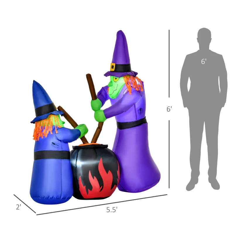 HOMCOM 6' Halloween Inflatables Outdoor Decorations Witches With Cauldron LED Light, Blow Up LED Yard Decor for Garden, Lawn, Party, Holiday