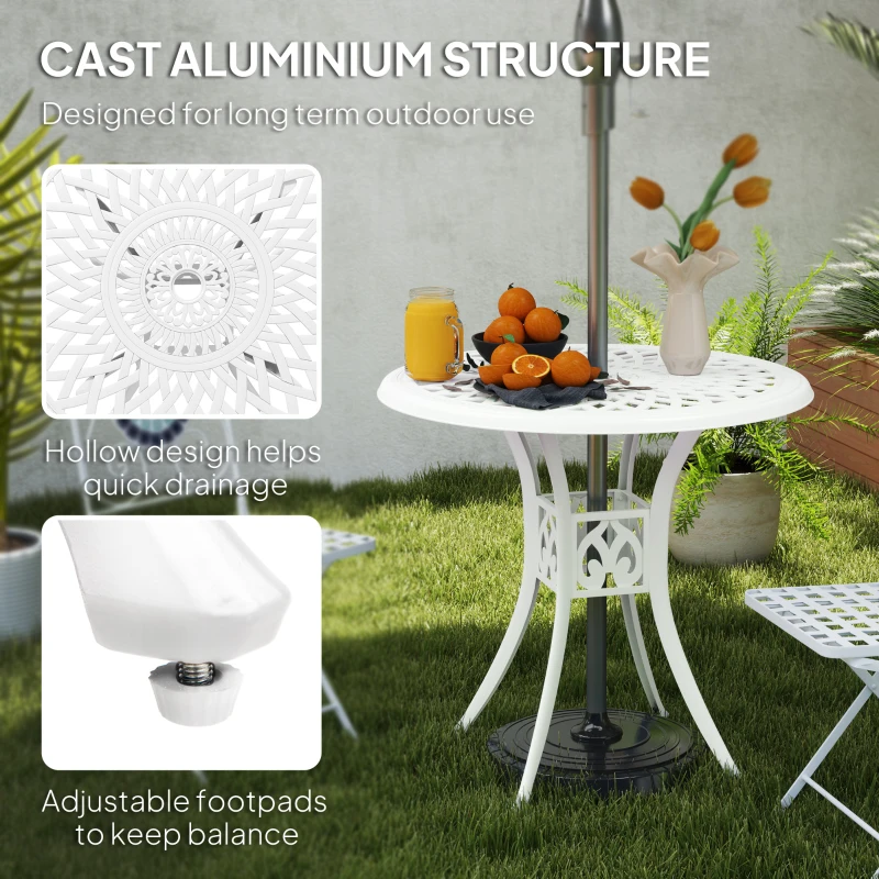 Outsunny 30-inch Round Patio Dining Table with Umbrella Hole Cast Aluminium Outdoor Bistro Table, White