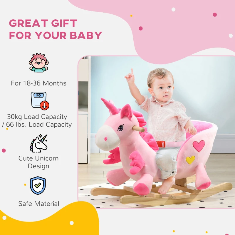 Qaba Baby Rocking Horse, Plush Animal Rocker Unicorn with Sound, Handle Grip for 18-36 Months, Pink