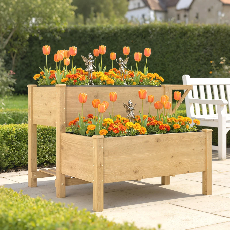 Outsunny Wooden Raised Garden Bed, 2-Tier Raised Planter with Storage Shelf, Side Board, Drainage Holes and Liner