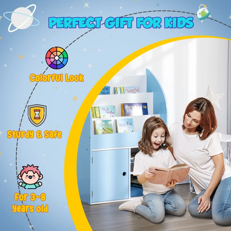 Qaba Toy Storage Organizer, Kids Bookshelf, Freestanding Children Bookcase with Cabinet for Toys Clothes Books, Blue