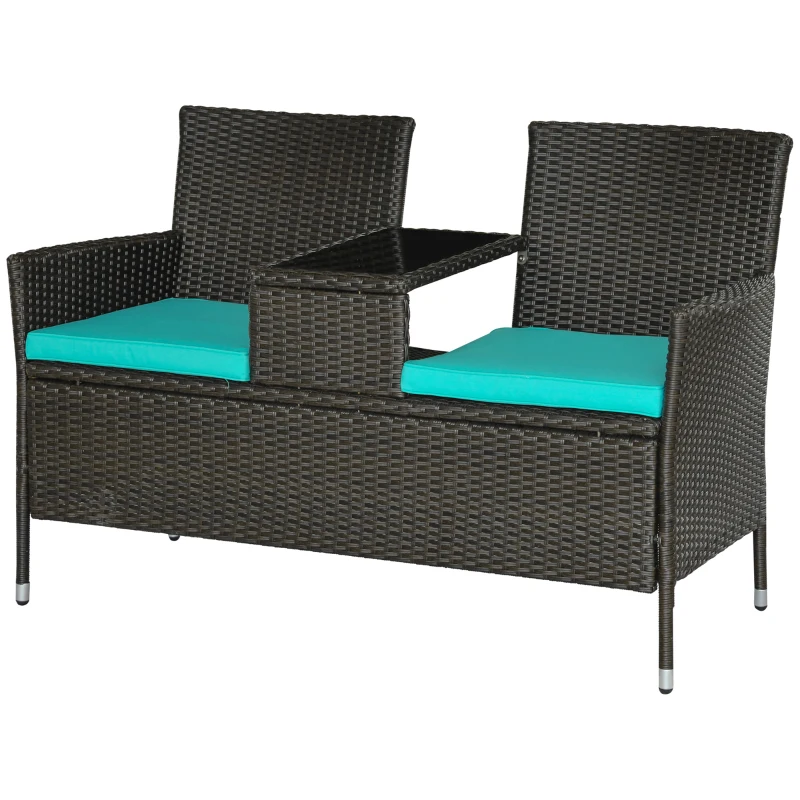 Outsunny Outdoor Patio Loveseat Conversation Furniture Set, Cushions & Built-in Coffee Table, Small 2-in-1 2 Person Seating for Front Porch, Balcony, Blue