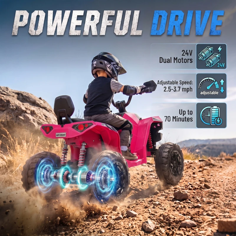 Qaba 24V 2 Seater Ride On Toys, Kids ATV 4 Wheeler with Dual Motors, High & Low Speed for Boys Girls Aged 3-8 Years, Pink