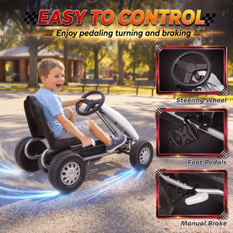 Qaba Lightweight Pedal Go Kart with Steering Wheel, Go Cart Ride on Toy with Adjustable Seat for 3+ Years, White