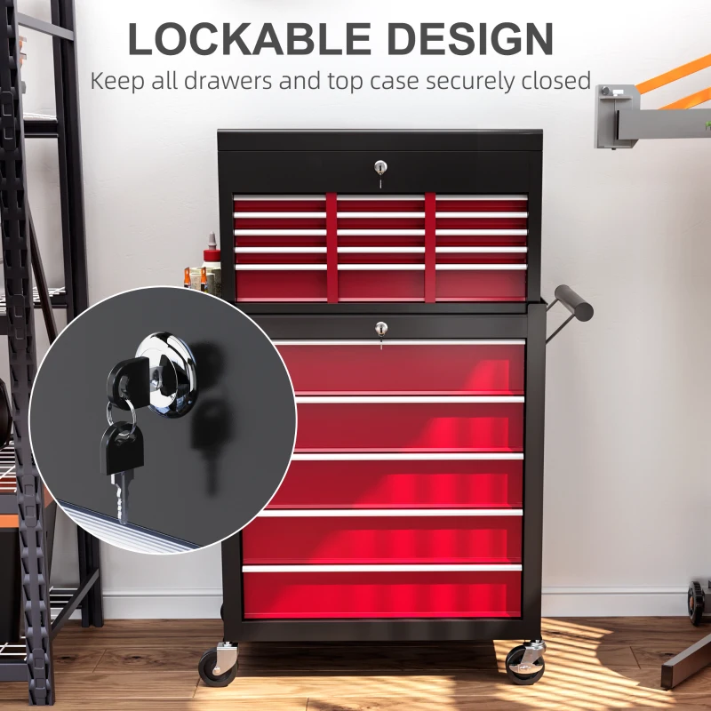 HOMCOM 14 Drawer Rolling Tool Chest, Lockable Tool Storage Cabinet with Detachable Top Toolbox, Protective Liner, Red