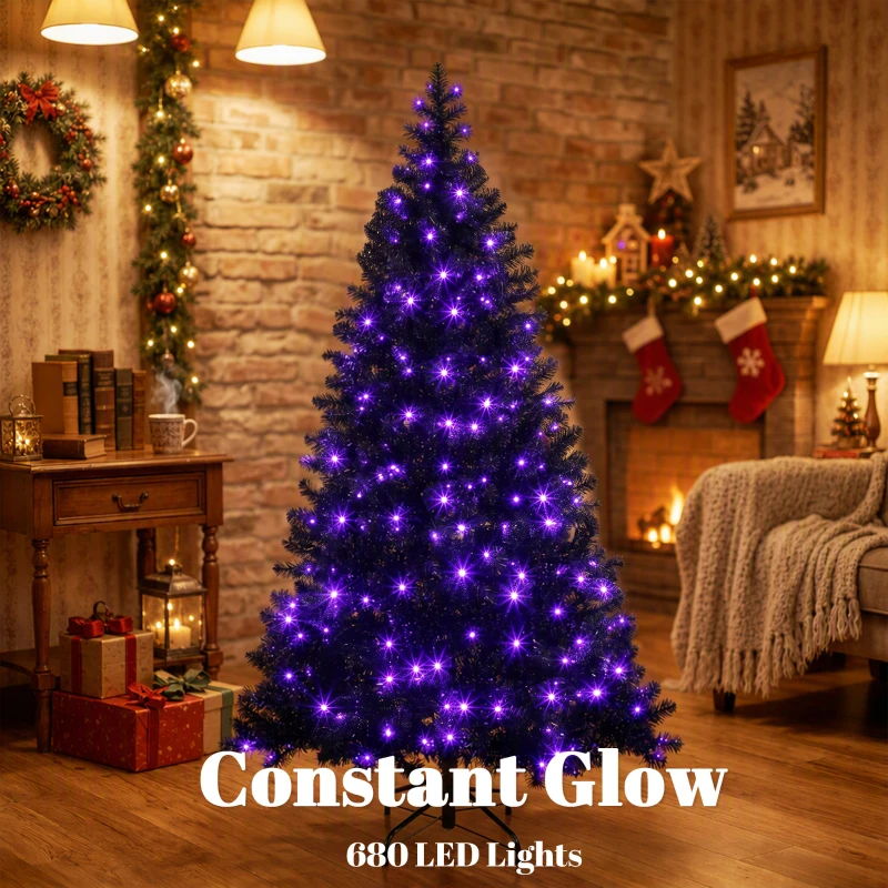 HOMCOM 6ft Pre-lit Black Christmas Tree, Artificial Halloween Tree with 680 Purple LED Lights, 680 Tips, Metal Stand, Black
