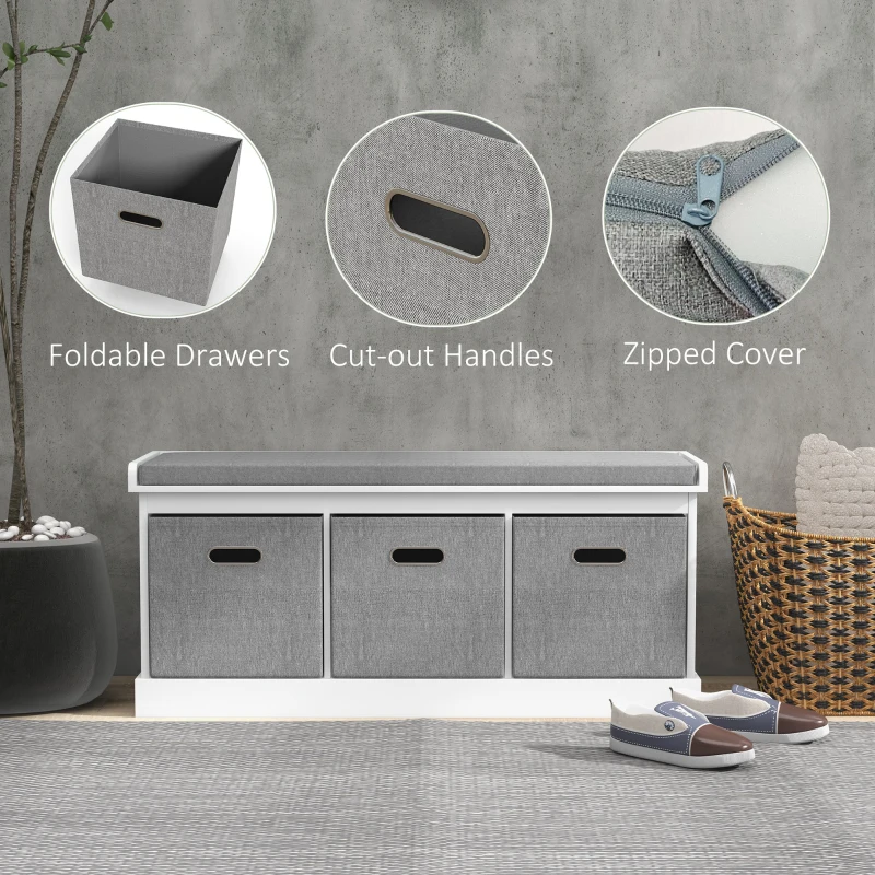 HOMCOM Shoe Storage Bench with Seat, Entryway Bench Seat with Cushion, 3 Fabric Drawers for Hallway, White