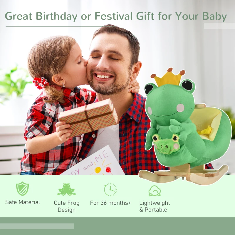 Qaba Kids Ride-On Rocking Horse Toy Frog Style Rocker with Fun Music, Seat Belt & Soft Plush Fabric Hand Puppet for Children 18-36 Months