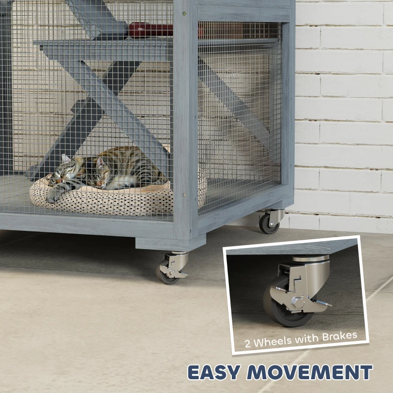 PawHut 66"H Catio Outdoor Cat Enclosure on Wheels with Hammock Multiple Platforms Resting Condo Ramps for 1-3 Cats, Grey