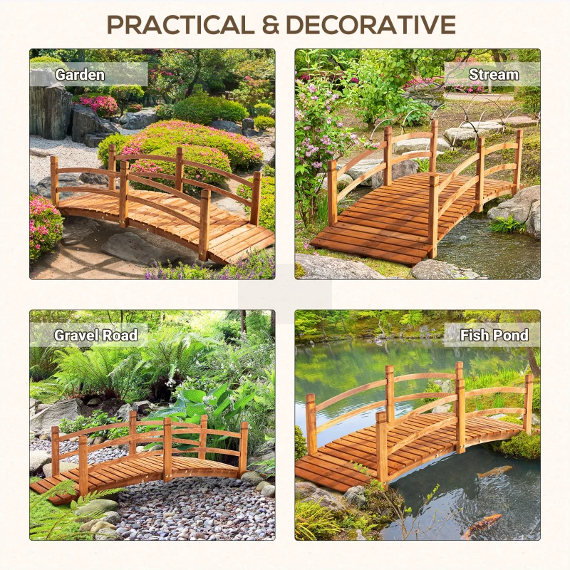Outsunny 6FT Wooden Garden Bridge Classic Arc Footbridge with Guardrails for Stream Pond Walkway, Orange