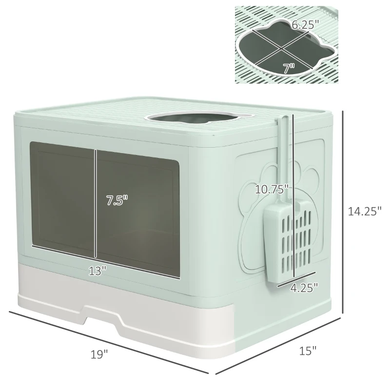 PawHut Cat Litter Box, Front Entry Top Exit Cat Litter Tray with Scoop, Pull-out Tray, Easy to Clean, Brush, Green