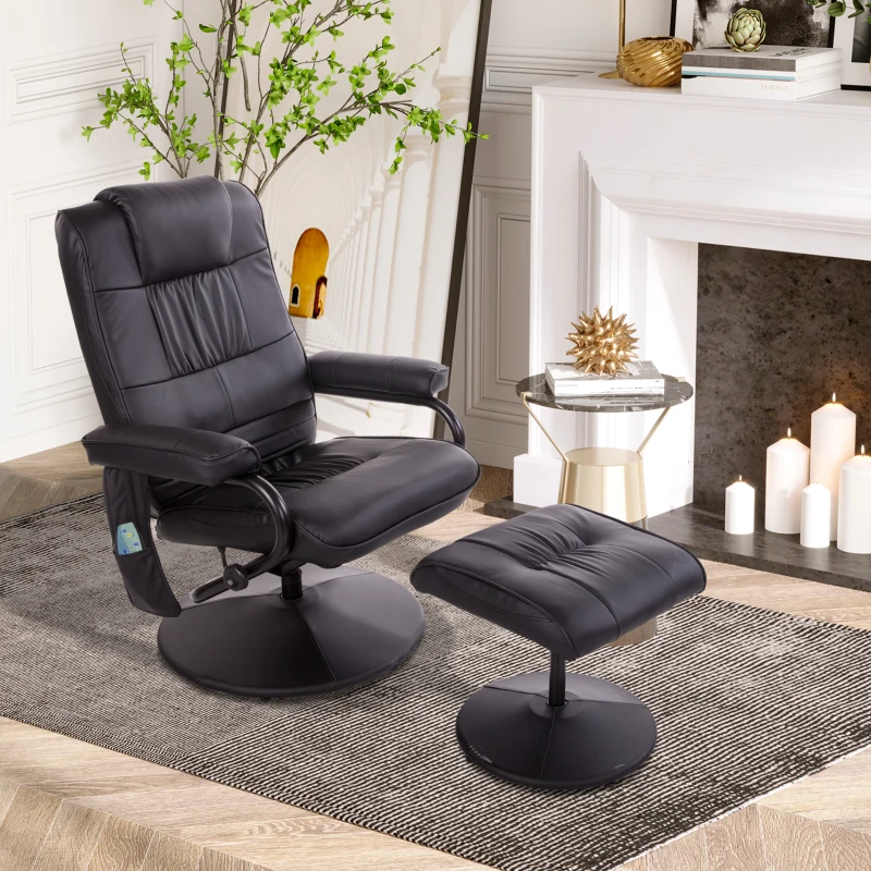 HOMCOM Massaging Faux Leather Recliner Chair and Ottoman Set, Swivel Vibration Massage Lounge Chair with Remote Control for Living Room, Bedroom, or Office, Black