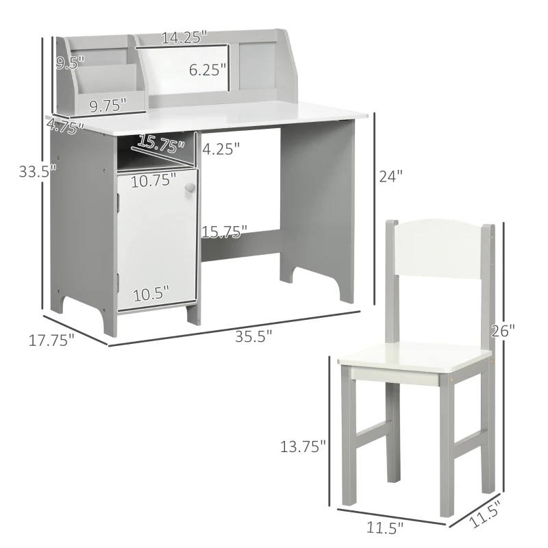 Qaba Toddler Table and Chair Set, Kids Writing Desk Homework Table with Whiteboard, Storage Cabinet, Gray