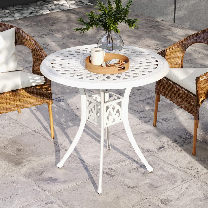 Outsunny 30-inch Round Patio Dining Table with Umbrella Hole Cast Aluminium Outdoor Bistro Table, White