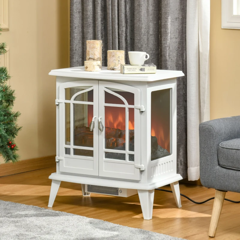 HOMCOM Electric Fireplace Heater, Freestanding Fireplace Stove with Realistic LED Log Flames and Overheating Safety Protection, 1400W, White
