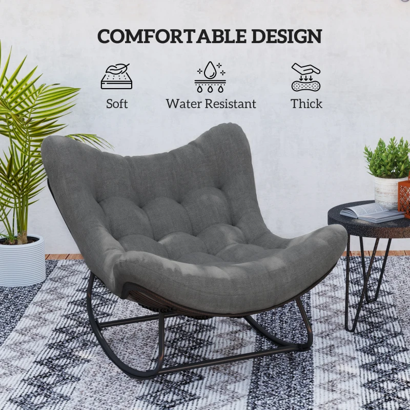 Outsunny Outdoor Rocking Chair, Oversized Patio Egg Chair with Padded Cushion, Rattan Wicker for Indoor, Backyard, Dark Grey