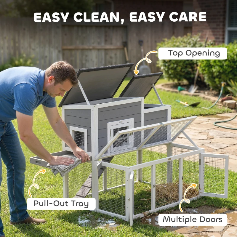 PawHut Wooden Rabbit Hutch, 2-Story Bunny Cage w/ Run, Waterproof & Openable Roof, Pull Out Tray and Ramp for 1-2 Rabbits