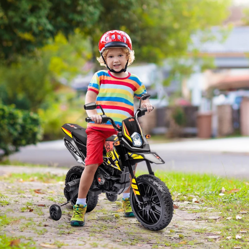 Qaba 12V Aprilia Licenced Kids Motorcycle with Training Wheels, Spring Suspension, LED Light, USB, Music, Yellow